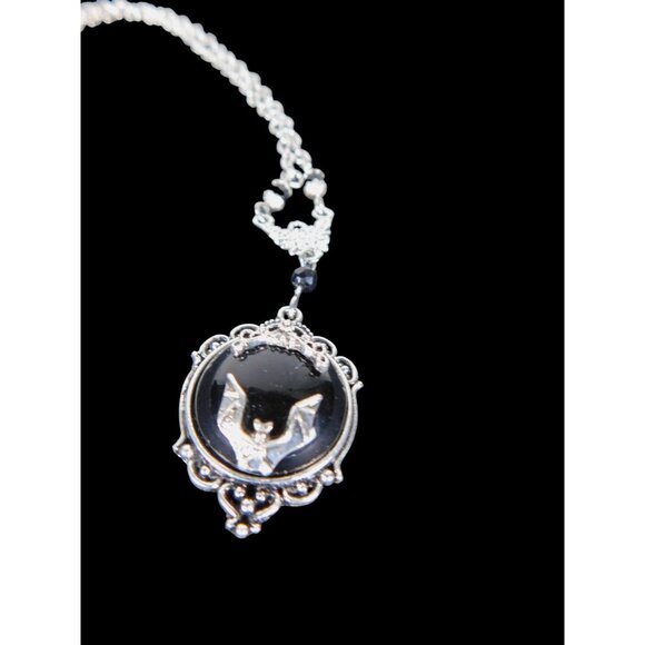 Gothic Bat Cameo Necklace Silver Black Victorian Witchcore Vampirecore NEW - Picture 7 of 9